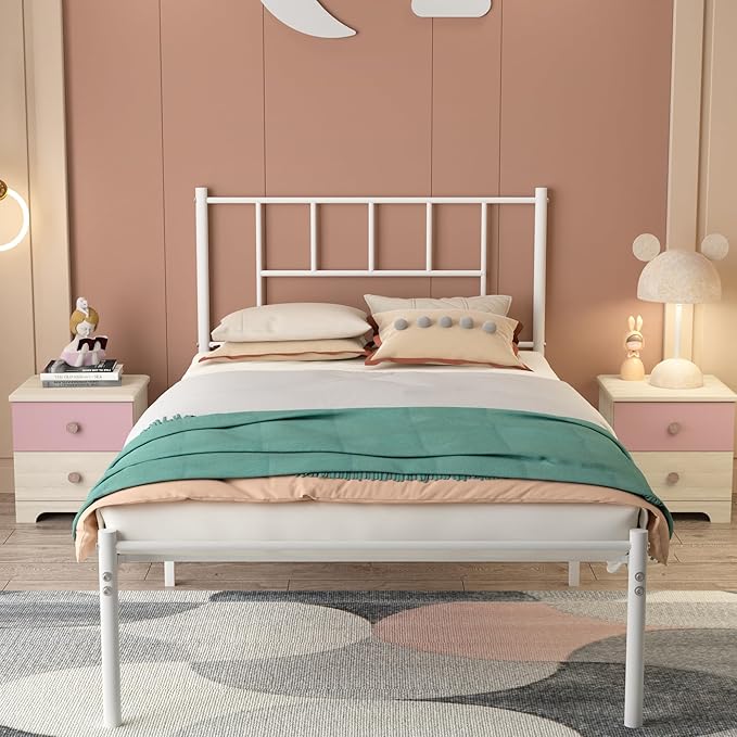 VECELO Twin Metal Platform Bed Frame with Headboard, Heavy Duty Steel Slat Support, Under Bed Storage,No Box Spring Needed, Easy Assembly