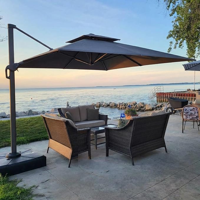 Hoteel 10ft Patio Umbrella Heavy Duty Aluminum Windproof & Shade Provision Outdoor Cantilever Double Top Offset Large Umbrella Height Adjustable with 360°Rotation for Patio Pool Deck Gazebo, Gray