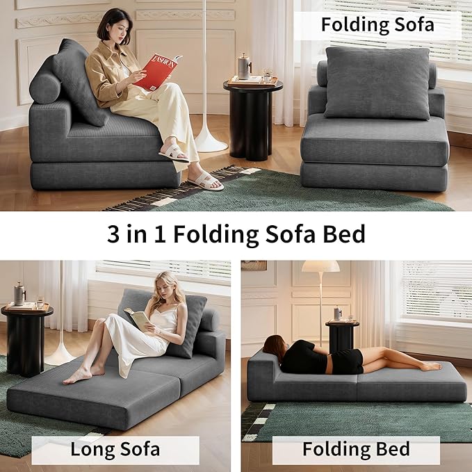 Folding Sofa Bed, 3-in-1 Convertible Sleeper Chair Bed with Pillows, Foldable Floor Couch with High-Density Foam, Futon Small Boneless Couch for Living Room Bedroom Lounge, Single, Black