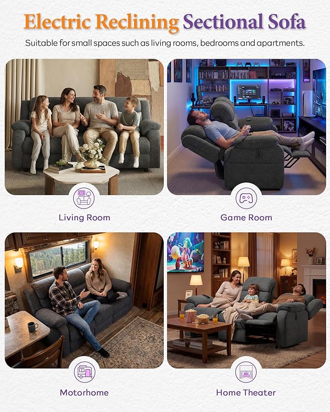 TYBOATLE Power Reclining Sofa, 3 Seater Electric Reclining Sofa with Dual Motors and Remote Control, Chenille Couch w/Side Pockets for Living Room, Game Room, 76.5" Wide (Grey)