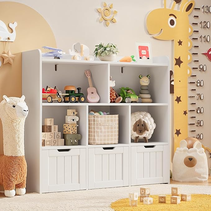 Gizoon Toy Storage Cabinet and Kids Bookcase with 3 Movable Drawers and 6 Open Shelves Featuring Fall Prevention Barrier for Playroom Nursery Kids Room Organization, White