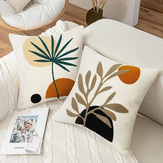 Merrycolor Boho Decorative Throw Pillow Covers 16x16 Tufted Mid Century Modern Throw Pillow Covers Abstract Leaf Pillow Cover Bohemian Aesthetic Boho Pillows for Couch Bed Sofa Living Room 1PC