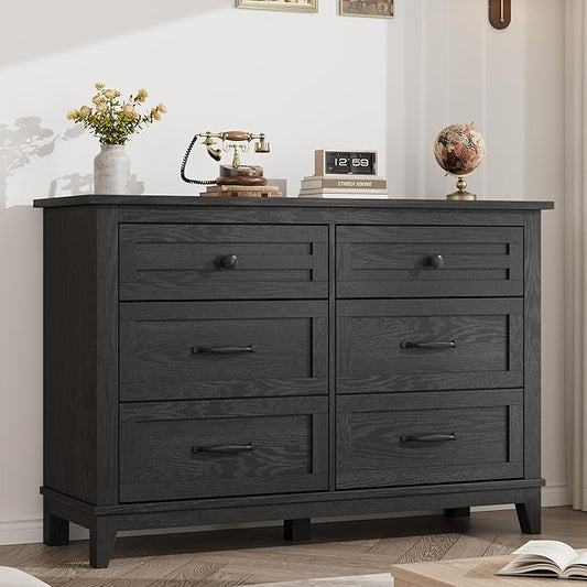 GarveeHome 6 Dresser for Bedroom, 47 in Wide Drawer Dresser with Storage Freestanding, Wooden Closet Storage Chest for Living Room, Bedroom, Entryway, Dark Black