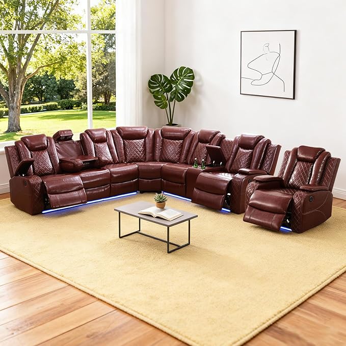 Leather Power Recliner Sectional Sofa Set with LED Light,L Shaped Leather Couch Set with Recliner Chair,Modular Corner Sofa with USB Ports for Living Room Furniture(Red, Sectional+Chair)
