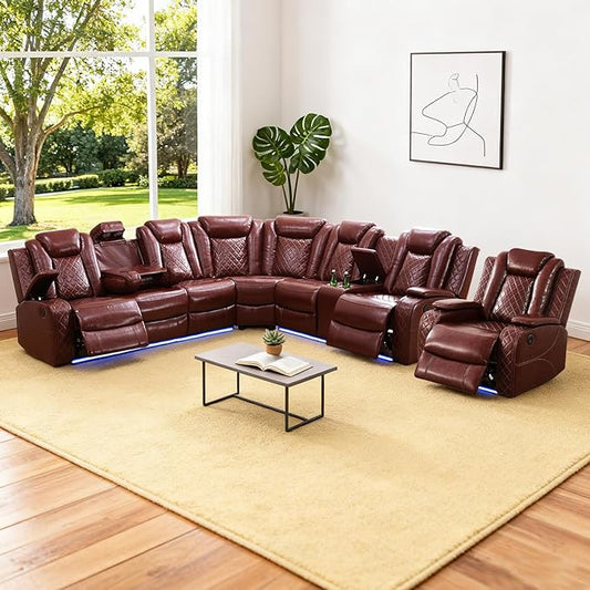 Leather Power Recliner Sectional Sofa Set with LED Light,L Shaped Leather Couch Set with Recliner Chair,Modular Corner Sofa with USB Ports for Living Room Furniture(Red, Sectional+Chair)