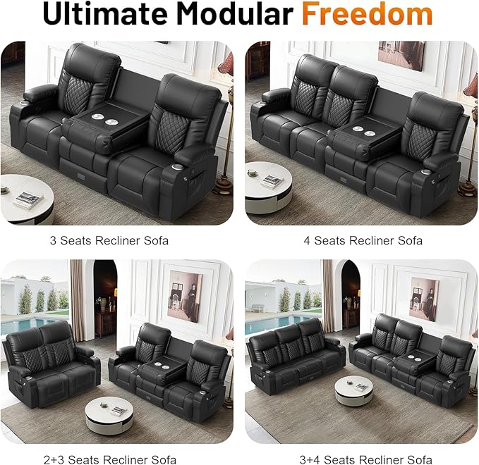 FURNIMAT Recliner Sofa, 4 Seater Dual Reclining Sofa with Flip Back Console, Modern PU Leather Recliner Couch for Living Room/RV, with Storage Drawer, USB Ports, Cup Holder, Cell Phone Holder, Black