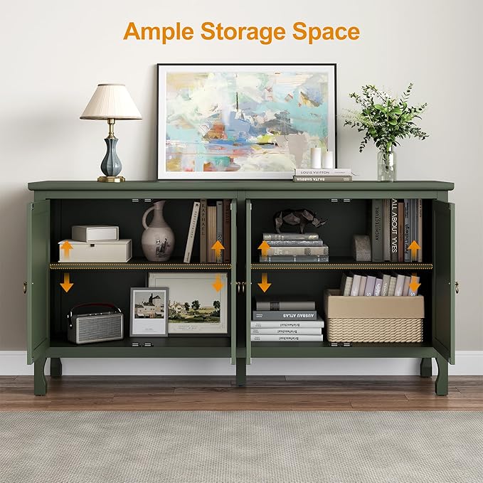 63" Carved Buffet Cabinet with Mirrored Door, Modern Console Table with Storage and Adjustable Shelves, Wood Media Sideboard for Entryway, Living Room, Bedroom, Dining Room, Bathroom (Green)