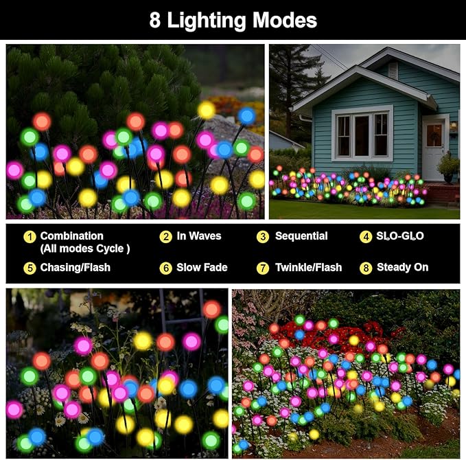 Swaying Solar Firefly Lights Outdoor, 8 Modes RGB Color Changing Firefly Swaying Solar Garden Lights for Outside Christmas Yard Patio Pathway Plant Landscape Garden Decor Multicolor(4 Pack)