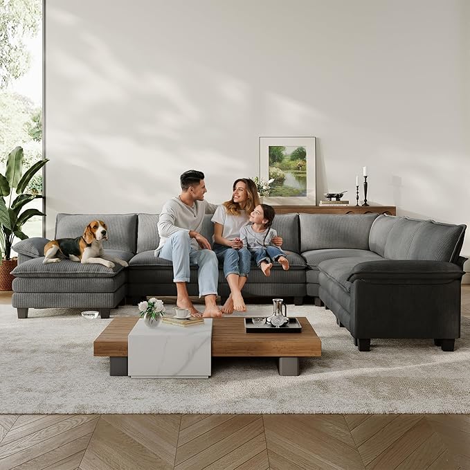LINSY HOME Modular Sectional Sofa Couch Corduroy Cloud Couches for Living Room, U-Shaped Cloud Couch Sectional Sofas for Bedroom and Apartment, Grey