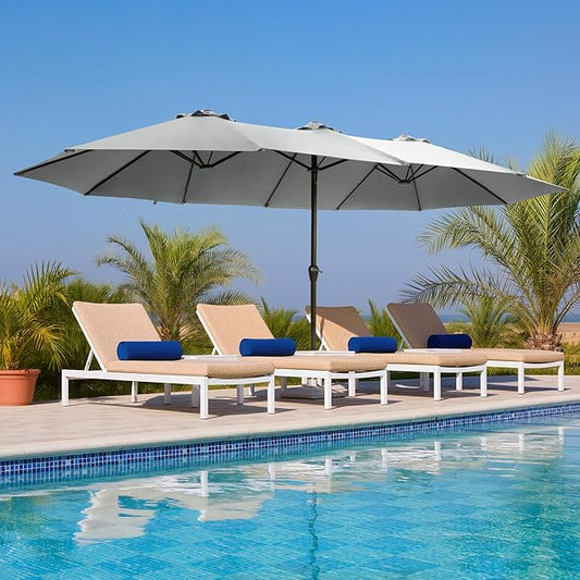 Ayge 15FT Patio Umbrella with Base,Large Outdoor Double-Sided Rectangle Umbrella with Crank Handle, Market Umbrella for Poolside Garden Deck Backyard Beach Pools,Light Gray