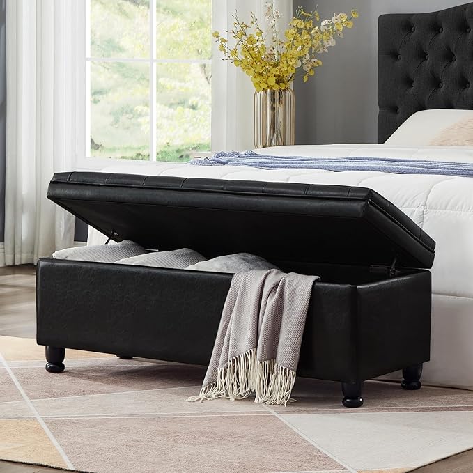 Upholstered Ottoman with Storage,Entryway Bench with Tufted Buttons and Spindle Wooden Legs for Living Room,Bedroom,Black PU