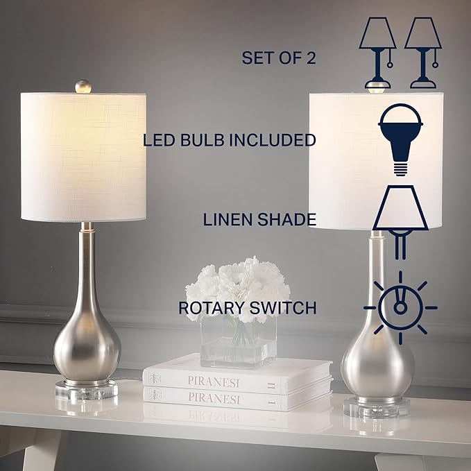 JONATHAN Y 25" Nickel Metal and Crystal Teardrop LED Table Lamp for Bedroom Living Room Bedside Nightstand, White Linen Drum Shade, LED Bulb Included, Set of 2 (JYL5010B-SET2)