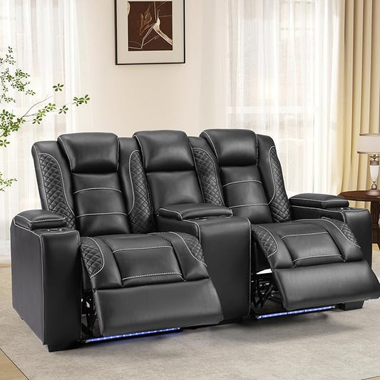 ANJ Power Reclining Loveseat with Center Console, 2-Seater Electric Recliner Sofa with LED Lights & USB & Storage, Faux Leather Living Room Furniture for Home Theater, Small Spaces & RV (Black)