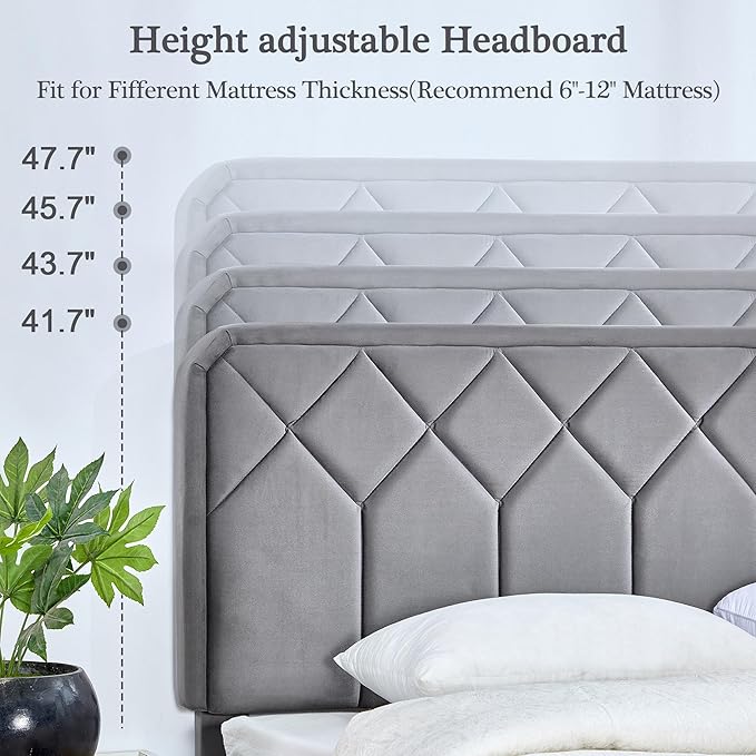 VECELO Twin Size Bed Frame, Velvet Upholstered Platform with Adjustable Headboard, Mattress Foundation with Solid Wood Slats, No Box Spring Needed, Easy Assembly