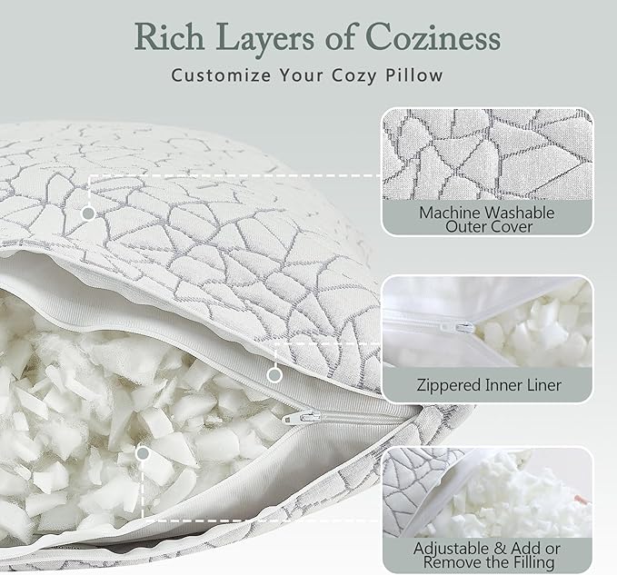 BPC Premium Rayon Derived from Bamboo Firm Pillows Queen Size Set of 2 - Hypoallergenic Shredded Memory Foam Pillows with Removable Cover Bed Pillows for Side Stomach and Back Sleepers, CertiPUR-US
