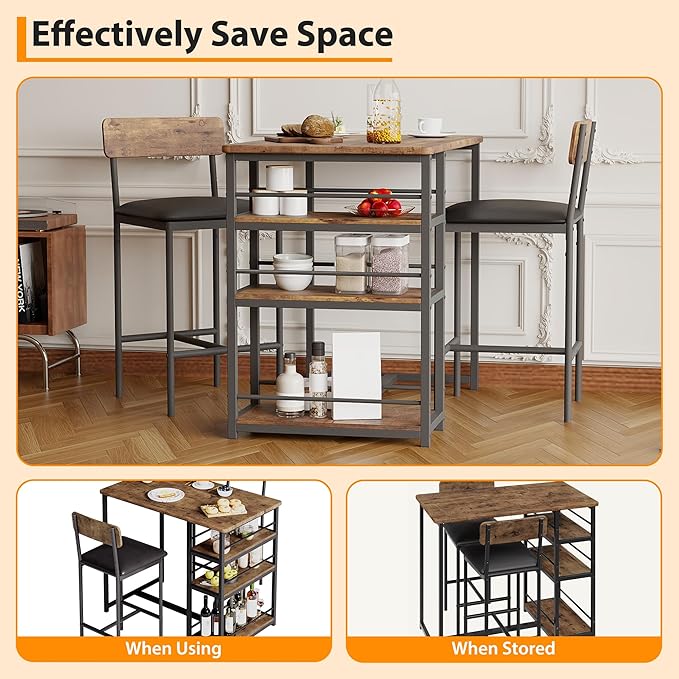 GAOMON Dining Table Set for 2, Counter Height Kitchen Table and Chairs, Bar Table Set with 2 Upholstered Bar Stools, 3 Piece Dining Room Table Set for Small Space, Apartment, Retro Brown