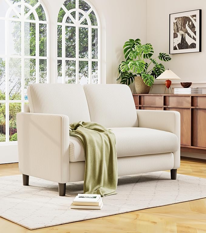 Welzona Loveseat Sofa, 51" Love Seat, Comfy Corduroy Small Loveseat for Small Spaces, Tool-Free Setup Couch for Bedroom, All-Wood Couches for Living Room, No Pillow Included, Beige
