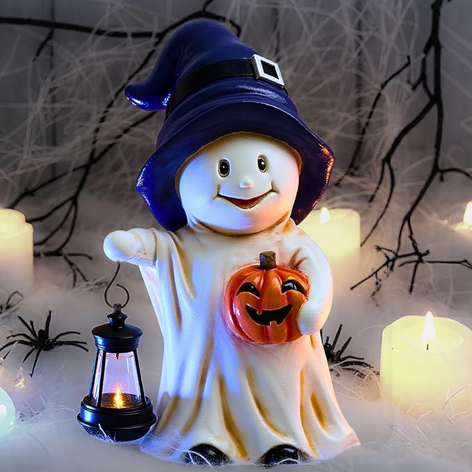 TERESA'S COLLECTIONS Halloween Decorations, Ghost Decor, Medium Ghost with Solar Light, Waterproof Resin Halloween Decor, Party Gifts Indoor/Outdoor