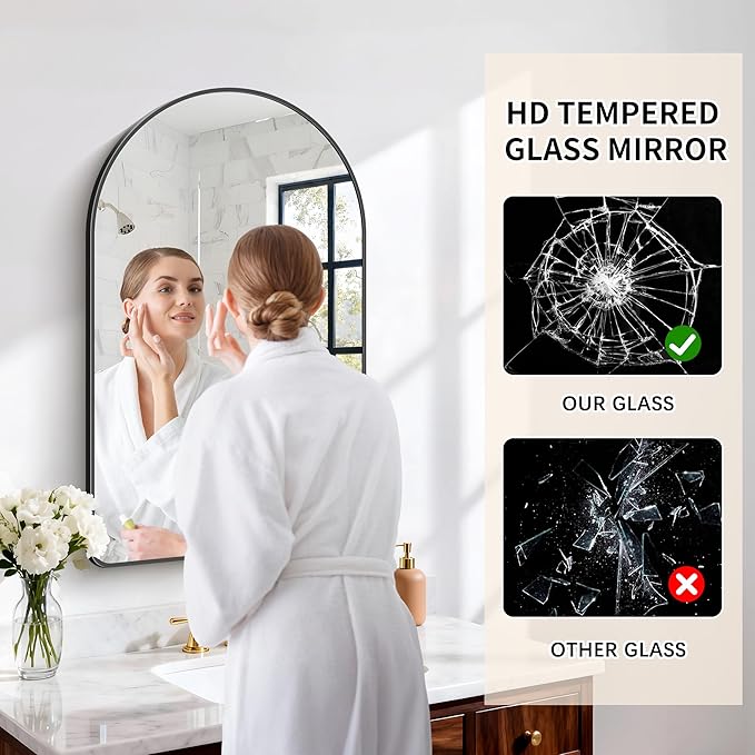 FORBATH Large Arched Wall Mirror 40x24 Inch, Black Arch Bathroom Mirror with Aluminum Frame, Arched Mirror for Dresser, Fireplace,Entryway,Home Decor,Hanging or Leaning Against Wall