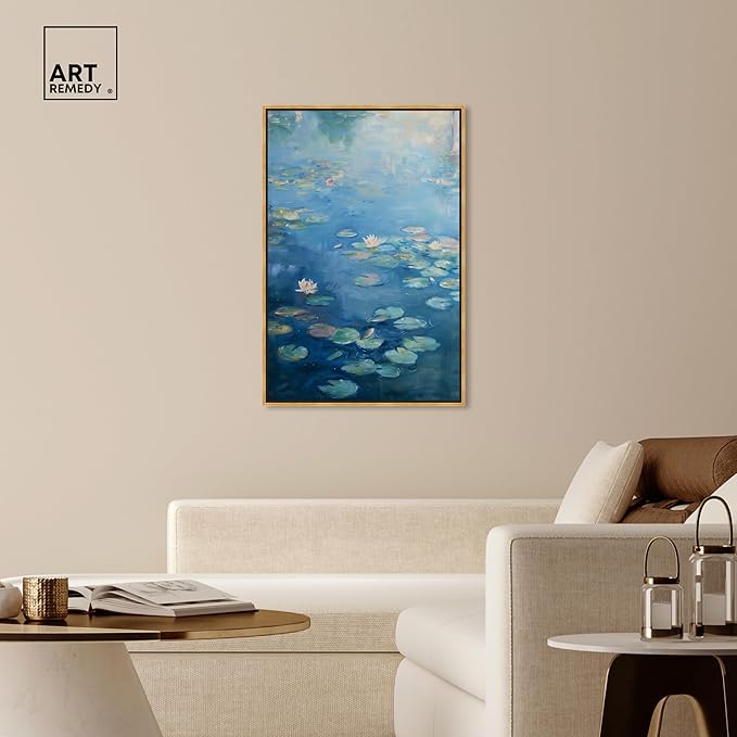 Art Remedy Lilypads In Blues Framed Impressionism 1 Piece Canvas Wall Art/Monet And Van Gogh Inspired Art, 31.5" x 46.5", Gold Frame