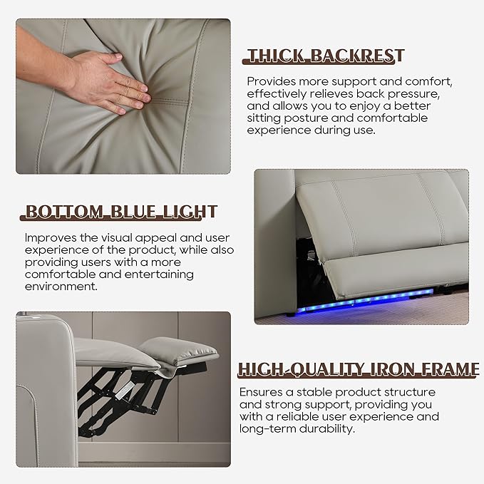 Dual Motor Power Reclining Sofa, Breathable Leather Reclining Couch with Power Headrest/LED Light/Armrest Storage, Recliner Sofa 3 Seater for Living Room (Grey, 3 Seater)