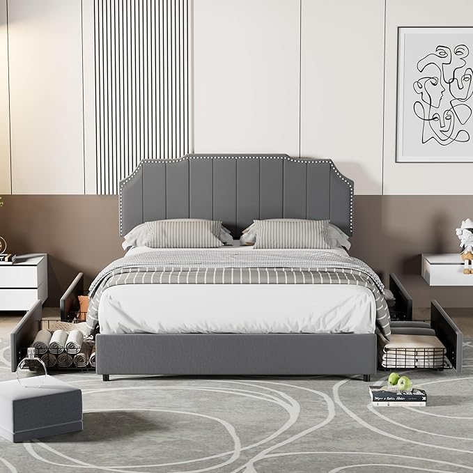 VECELO Full Bed Frame 4 Storage Drawers & Upholstered Platform &Tufted Adjustable Headboard/Mattress Foundation/Wood Slat Support,Easy Assembly,Dark Grey