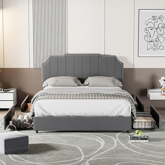 VECELO Full Bed Frame 4 Storage Drawers & Upholstered Platform &Tufted Adjustable Headboard/Mattress Foundation/Wood Slat Support,Easy Assembly,Dark Grey