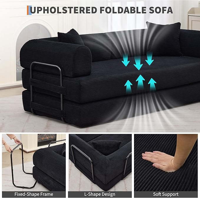 GarveeHome 79" Convertible Sleeper Sofa Bed Couch, 4-in-1 Boneless Corduroy Folding Sofa Bed with Pillow & Fixed-Shape, Floor Mattress Couch Loveseat for Living Room Apartments - No Assembly, Black