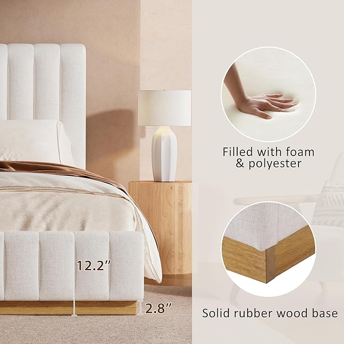 Merax King Bed Frame Upholstered Platform Bed with Linen Headboard, Wing Edge Design/Non-Slip and Noise-Free/Wooden Slats Support/No Box Spring Needed/Easy Assembly,King