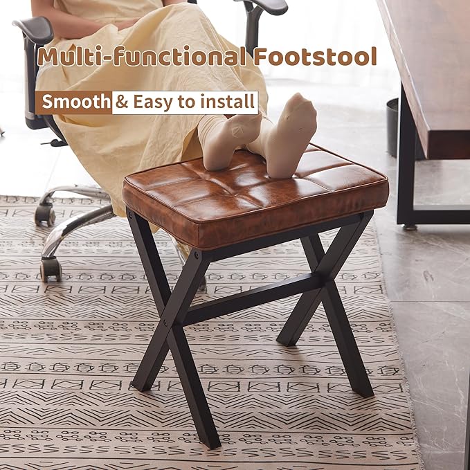 FILWH Foot Stool Small Ottoman Foot Rest Padded Foot Stool Desk for Under Office Desk Vanity Stool Bamboo Footstool Sofa Footrest Shoe Stool Small Foot Stools (Black Legs + Patterned Brown)
