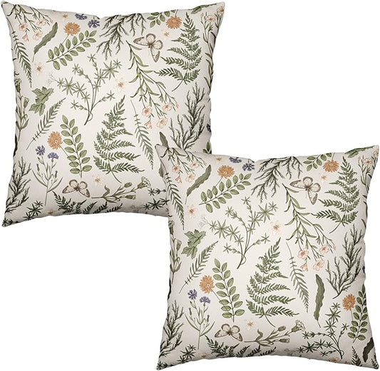 Sage Green Leaves Pillow Covers 16x16 Set of 2 Spring Botanical Fern Leaf Outdoor Decorative Pillow Cases Summer Farmhouse Wildflower Floral Cushion Covers for Couch Sofa Porch Decor