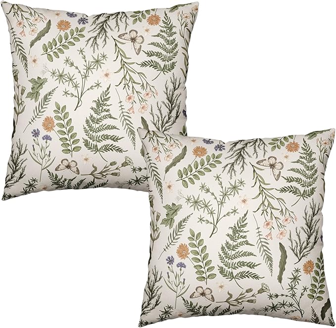 Sage Green Leaves Pillow Covers 20x20 Set of 2 Spring Botanical Fern Leaf Outdoor Decorative Pillow Cases Summer Farmhouse Wildflower Floral Cushion Covers for Couch Sofa Porch Decor