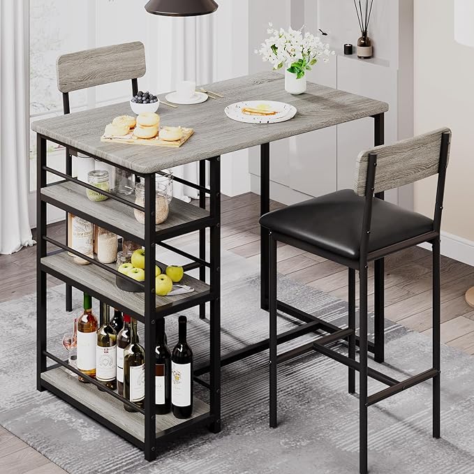 GAOMON 3-Piece Bar Table Set with 2 Upholstered Stools, Space-Saving Counter Height Dining Set with 3-Tier Storage Shelves,Sturdy Steel Frame, Easy Assembly for Small Kitchens, Retro Grey