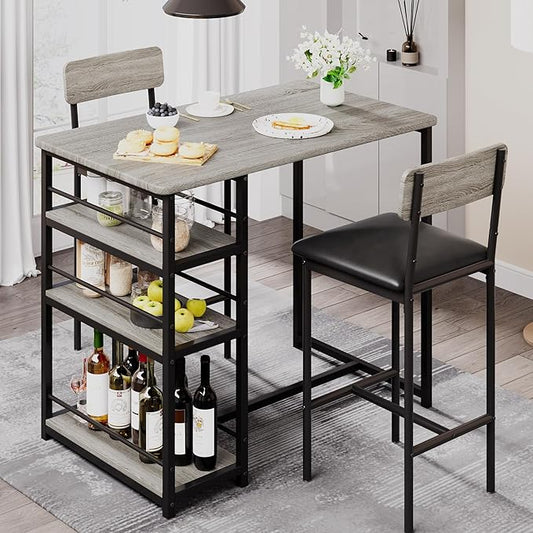 GAOMON 3-Piece Bar Table Set with 2 Upholstered Stools, Space-Saving Counter Height Dining Set with 3-Tier Storage Shelves,Sturdy Steel Frame, Easy Assembly for Small Kitchens, Retro Grey