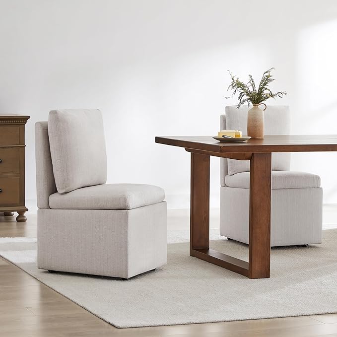 Upholstered Dining Chairs with Casters, Modern Dining Room Chairs Set of 2 with Hidden Storage & 4 Wheels, Single Sofa Chair for Kitchen, Reading Room, Waiting Room, Warm Grey