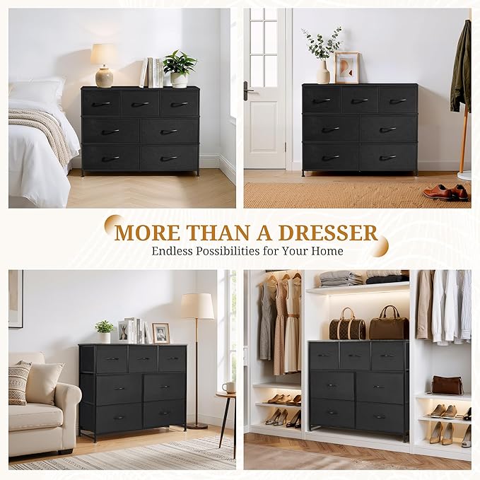 Dresser with 7 Drawers for Bedroom, Fabric Clothes Cabinet for Closet, Anti-Tip Storage Dresser with Metal Frame for Living Room, Entryway, Dorm, Black