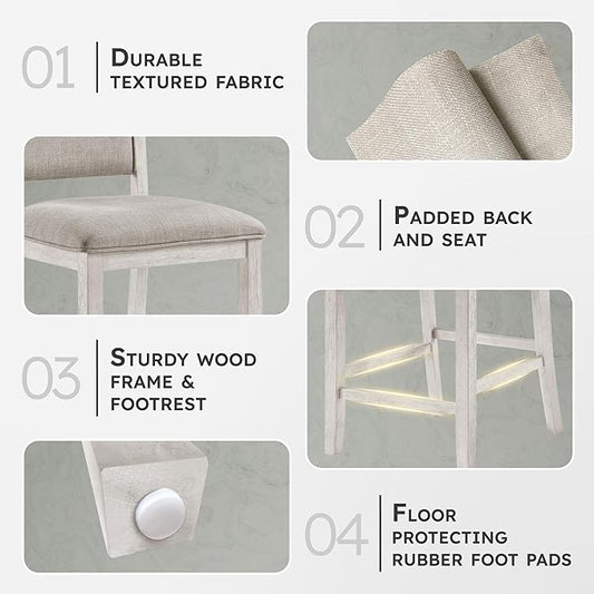 Lexicon Counter Height Chairs, Set of 2, Wooden Kitchen Chairs with Light Gray Textured Fabric Upholstered Seats and Back Rest, Counter Stools for Kitchen/Dining Room, 25.5" SH, Brushed Antique White