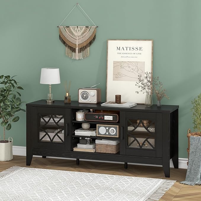 Tangkula Farmhouse TV Stand for TVs Up to 65-in, Classic Media Entertainment Center w/Glass Door Cabinets & 4 Adjustable Shelves, Modern TV Console Table w/ 3 Cable Holes for Living Room (Black)