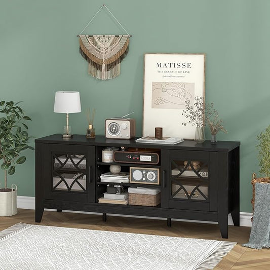Tangkula Farmhouse TV Stand for TVs Up to 65-in, Classic Media Entertainment Center w/Glass Door Cabinets & 4 Adjustable Shelves, Modern TV Console Table w/ 3 Cable Holes for Living Room (Black)