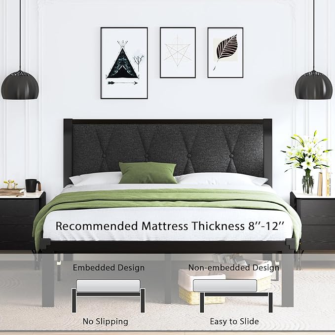 Feonase Full Size Metal Bed Frame with Fabric Button Tufted Headboard, Platform Bed Frame with Heavy Duty Metal Slats, 12" Storage Space, Noise Free, No Box Spring Needed, Dark Grey