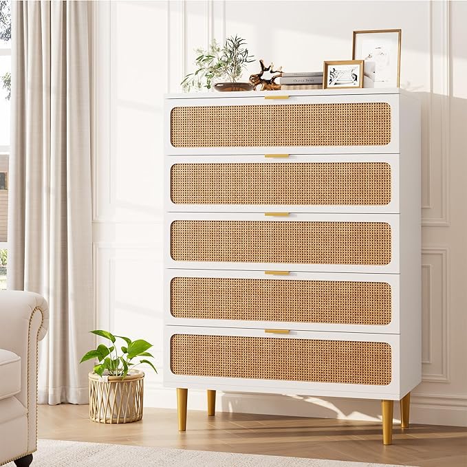 GarveeHome Rattan 5 Drawer Dressers for Bedroom, Tall Dresser with Deep Drawers, Large Chest of Drawers for Closet with Wide Top, Long Wooden Dresser for Living Room, Hallway, Kids Room, White