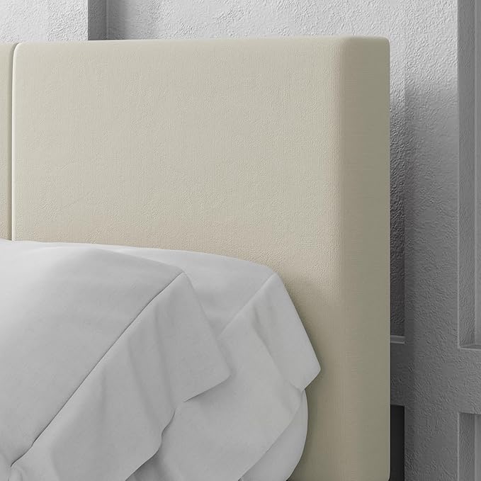 Queen Size Bed Frame with Upholstered Headboard, Sturdy Wood Slats, No Box Spring Required, Silent, Easy Assembly, Beige