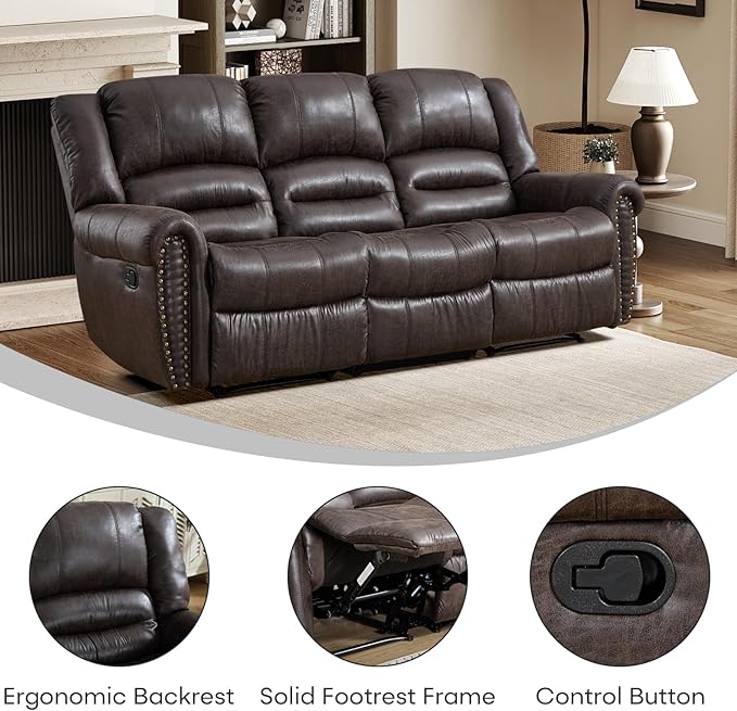 EBELLO Faux Leather Manual Reclining Sofa, 3 Seat Reclner Sofa with Soft Padded Seat Backrest, Vintage Rivet Mid-Century Design for Living Room, Bedroom, Meeting Room, Dark Brown