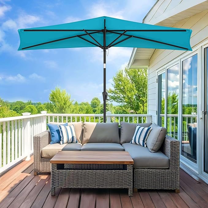 9ft Half Umbrellas Outdoor - Half Patio Umbrella with Tilt, UV Protection Waterprool, Half Round Umbrella for Wall Balcony, Pool, Porch, Garden, Deck, Backyard (Aqua Blue)
