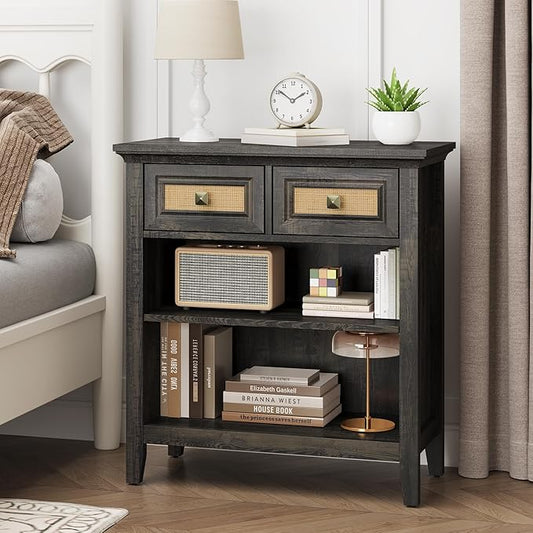 RoyalCraft Rattan Storage Cabinets, Accent Boho Nightstand with 2 Drawers and 2 Shelves, Multipurpose Modern Sideboard for Living Room, Entryway, Front Hall, Hallway, Coffee