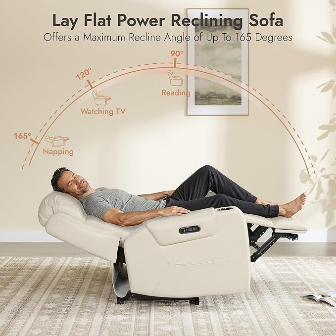Watson & Whitely Genuine Leather Power Loveseat Recliner Sofa, Lay Flat Reclining Sofa with Console, Power Headrest, Cup Holders & Wireless Charging, Dual Recliner for Living Room, Cream