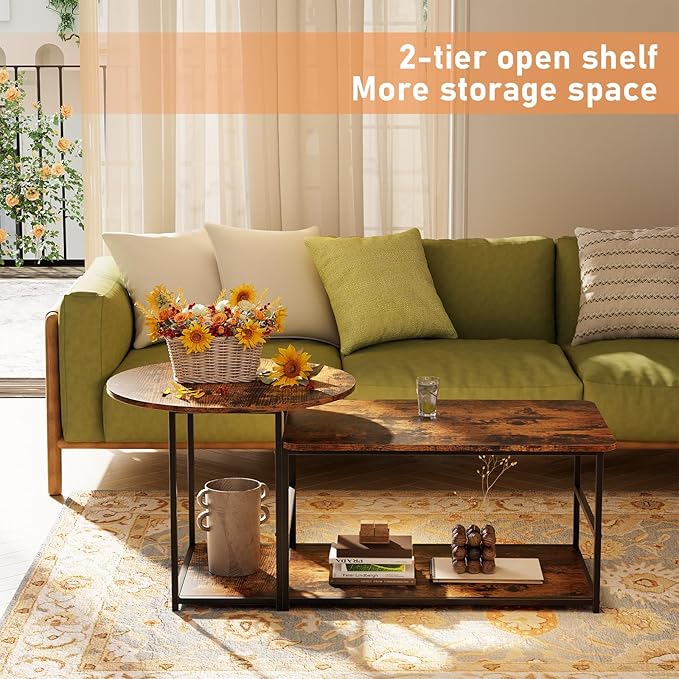 WOHOMO Coffee Table, Mid Century Modern Coffee Table for Living Room Rustic Farmhouse Center Table 2 in 1 Detachable Nesting Table Set, Brown
