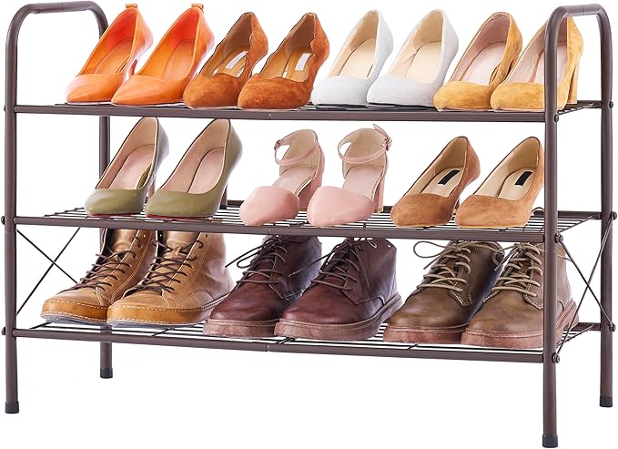 Tajsoon 3-Tier Stackable Shoe Rack Organizer, Adjustable & Expandable Shoe Storage Shelf for Entryway, Metal Wire Grid with X Shape Fixed Frame, Bronze