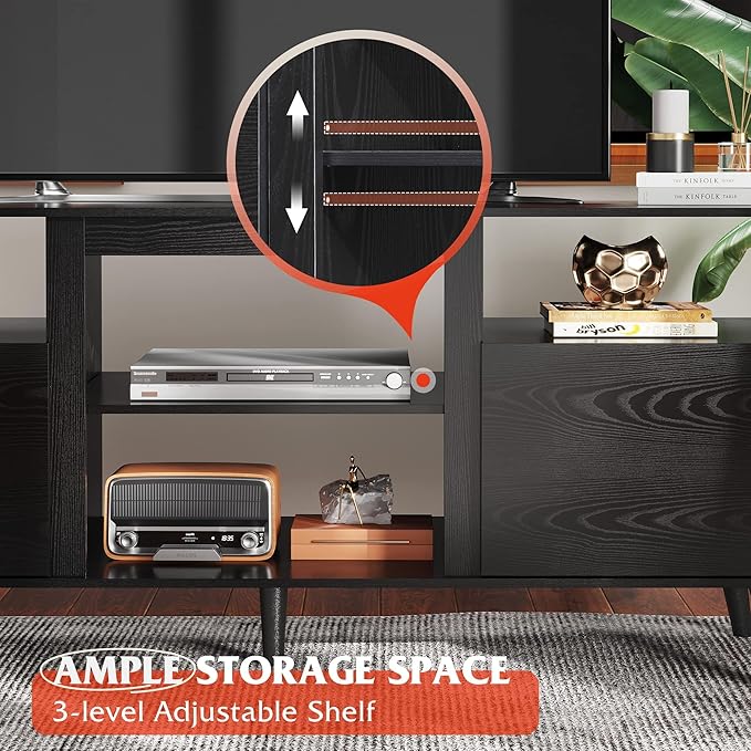 WLIVE Mid-Century Modern TV Stand for 55 60 65 Inch TV, Entertainment Center with Extra Open Shelf & Storage Cabinets, Media TV Console for Living Room Bedroom Office, Black