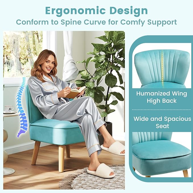 KOMFOTT Velvet Accent Chair Set of 2, Modern Armless Sofa Chair with Solid Rubber Wood Legs, Wingback Leisure Chair with Thick Cushion, Upholstered Side Chair for Living Room, Bedroom, Turquoise